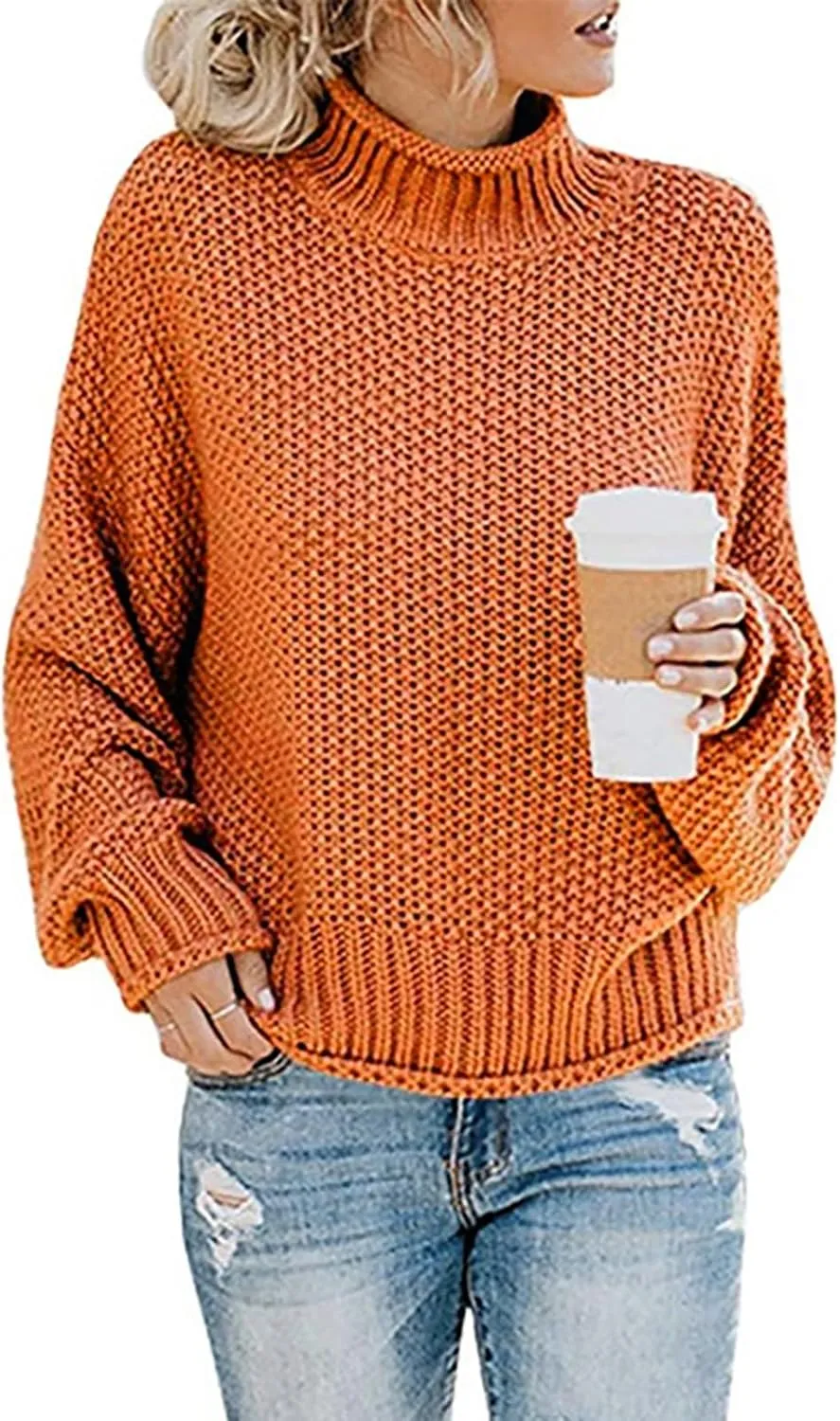 Womens Turtleneck Oversized Sweaters Batwing Long Sleeve Pullover Loose Chunky Knit Jumper Pullover