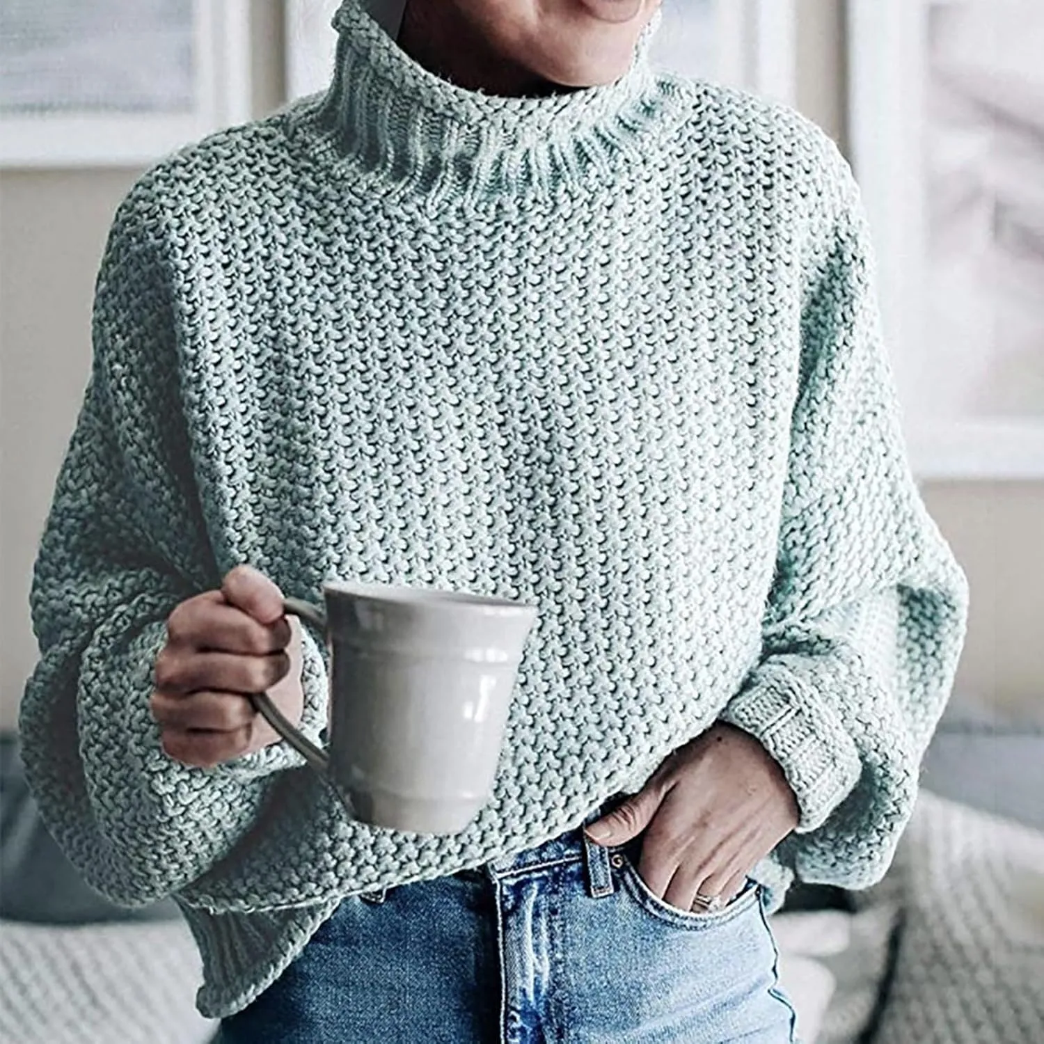 Womens Turtleneck Oversized Sweaters Batwing Long Sleeve Pullover Loose Chunky Knit Jumper Pullover