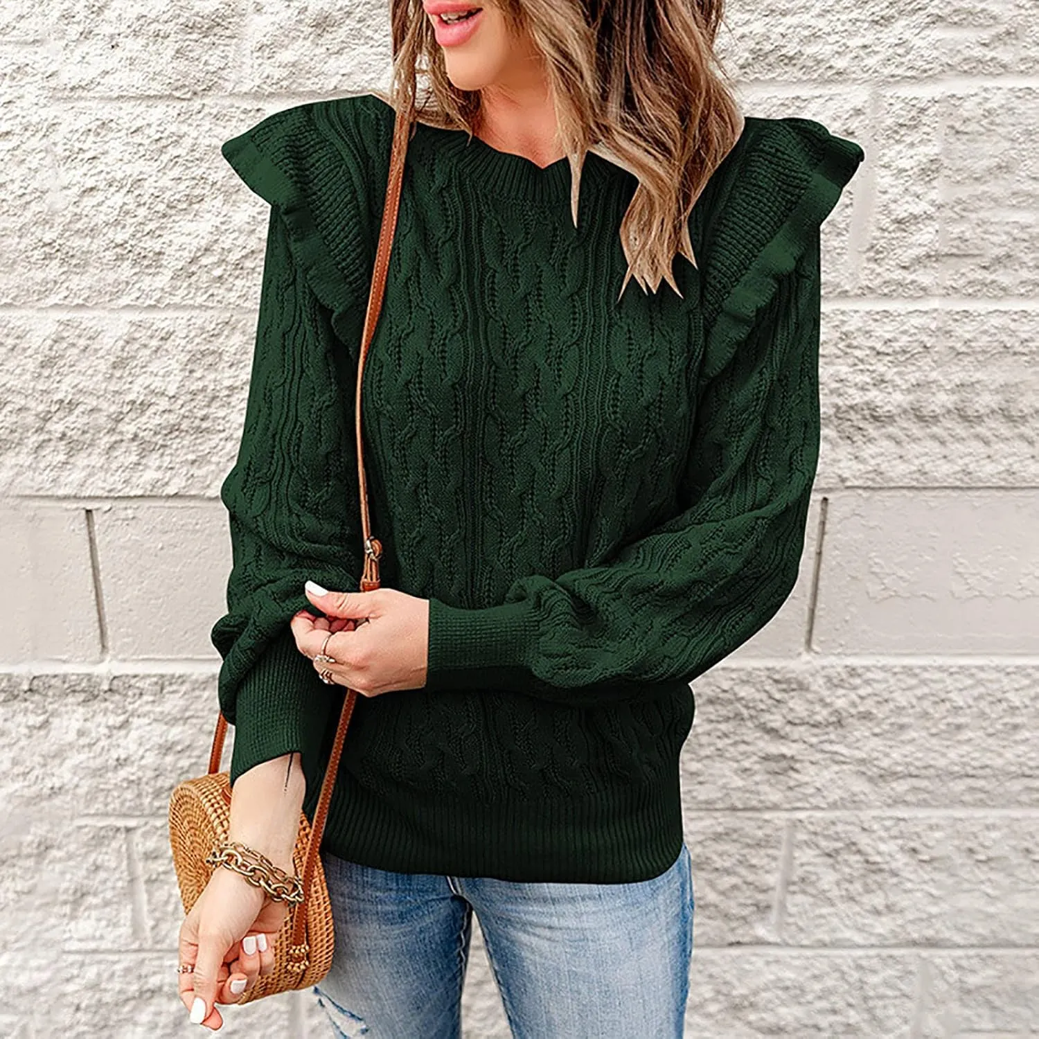 Womens Turtleneck Oversized Sweaters Ruffled Long Sleeve Pullover Loose Chunky Knit Jumper Sweater Casual Knitwear