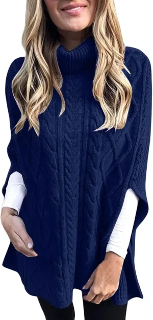Womens Turtleneck Poncho Sweater Chunky Cable Knit Sweater Fashion Side Slit Shawl Top