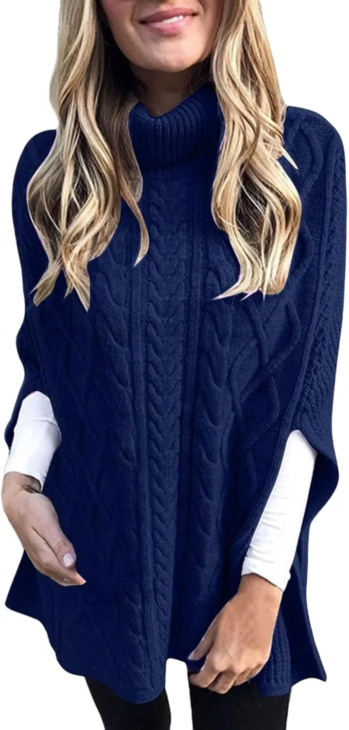 Womens Turtleneck Poncho Sweater Chunky Cable Knit Sweater Fashion Side Slit Shawl Top
