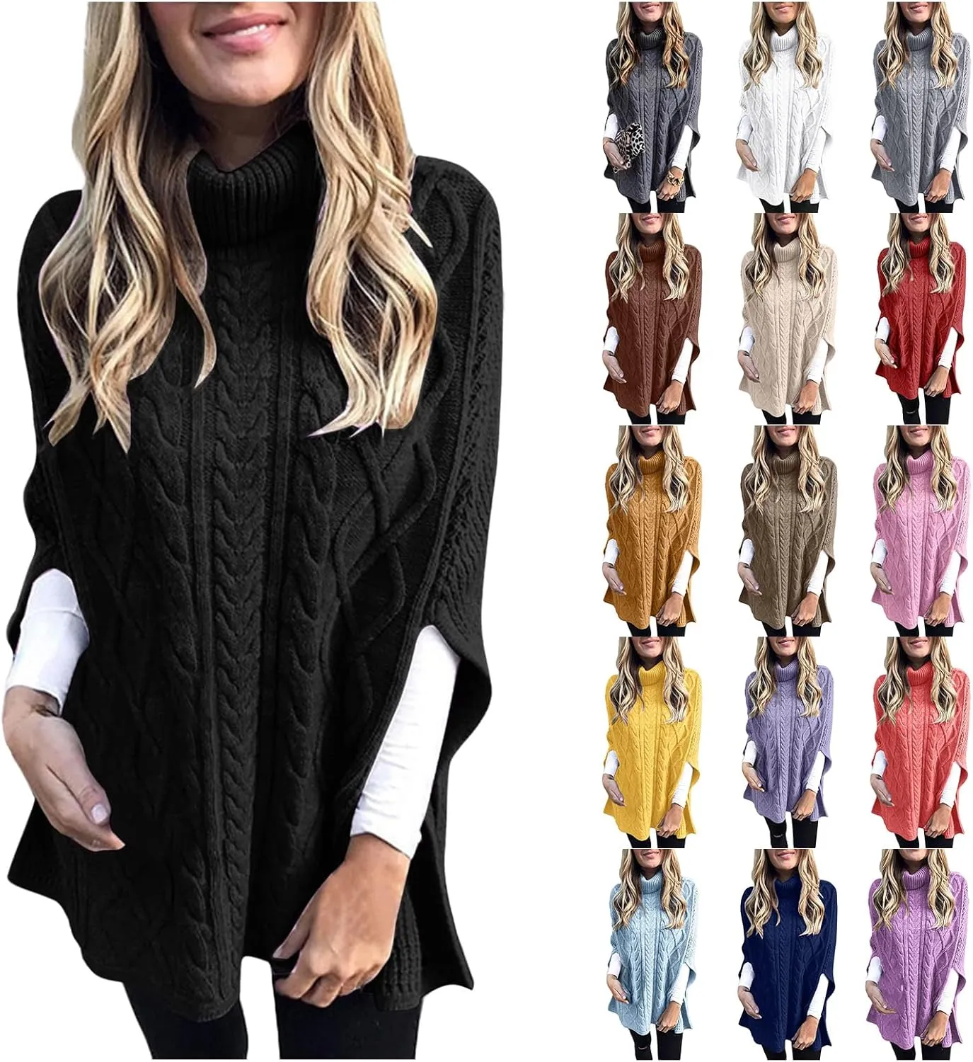 Womens Turtleneck Poncho Sweater Chunky Cable Knit Sweater Fashion Side Slit Shawl Top