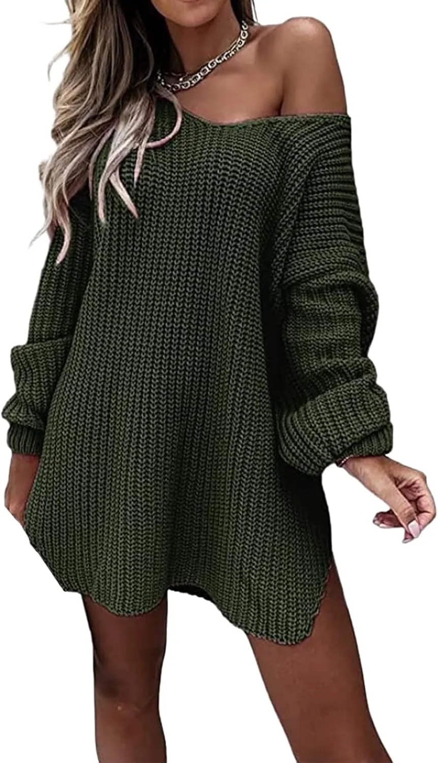 Womens V Neck Sweater Chunky Knit Sweaters Oversized Pullover Tops Long Sleeve Off Shoulder Jumper Loose Fit Tops