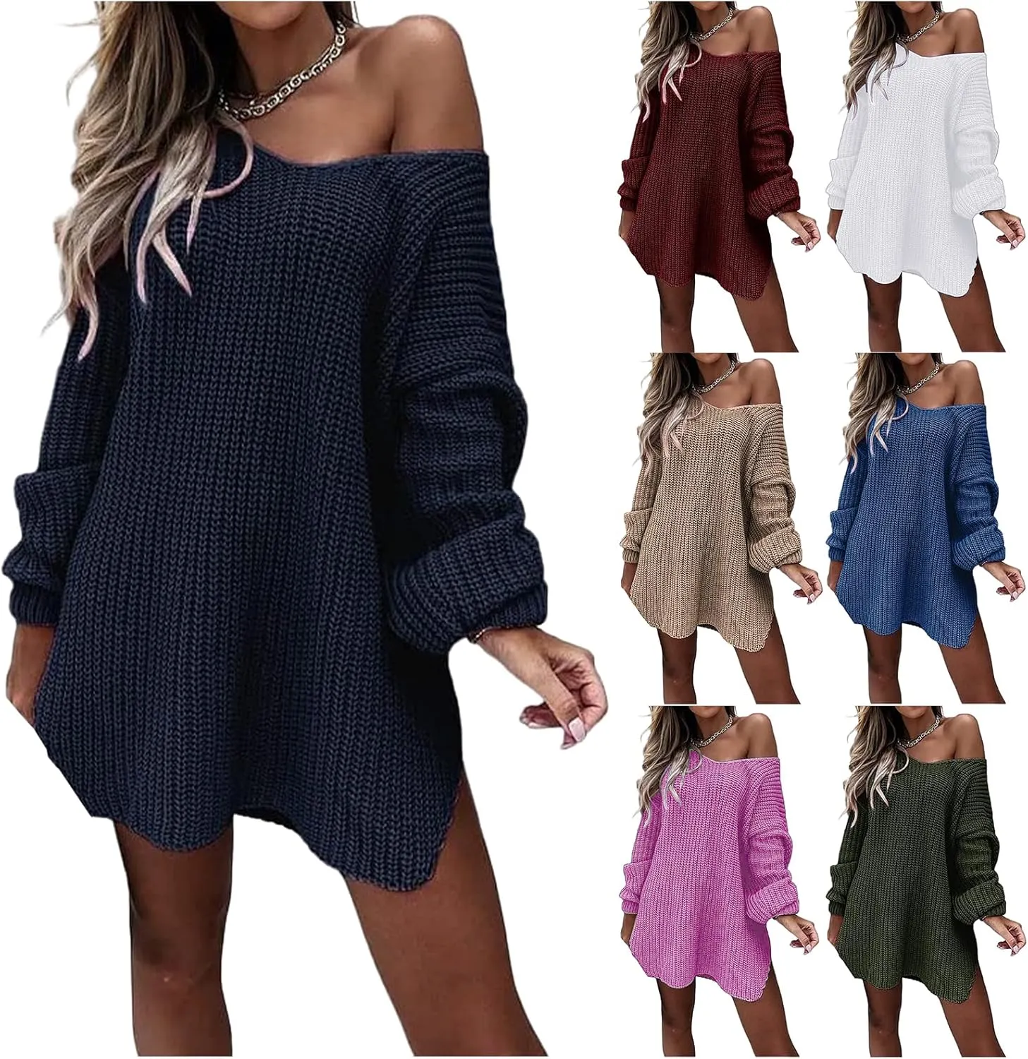 Womens V Neck Sweater Chunky Knit Sweaters Oversized Pullover Tops Long Sleeve Off Shoulder Jumper Loose Fit Tops