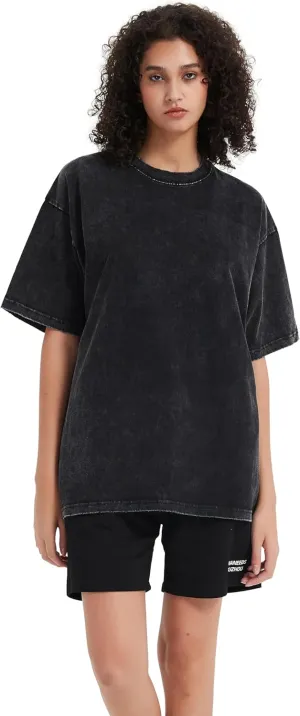 Womens Washed Vintage T-Shirt Summer Casual T Shirts Thick Short Sleeve Loose Crew Neck Cotton Tops