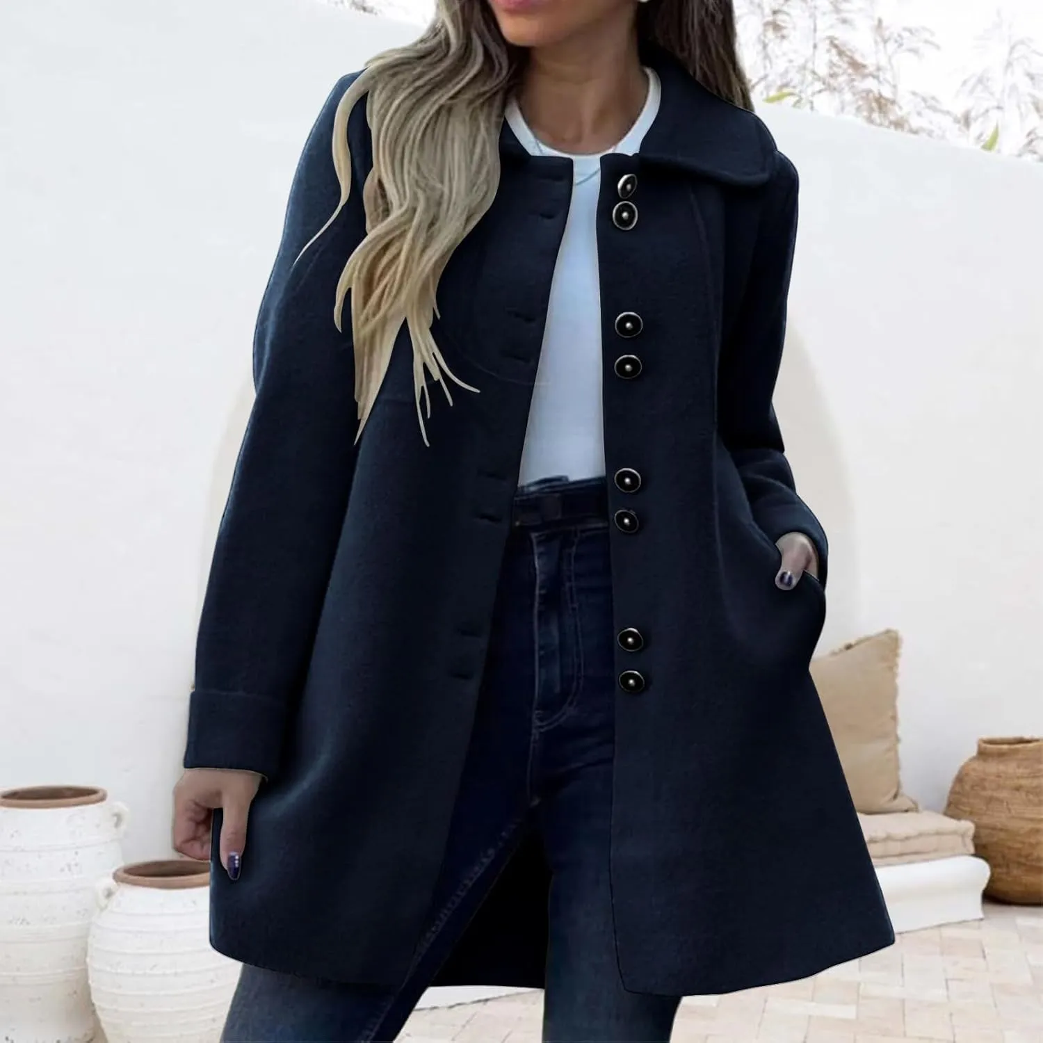 Womens Wool Blend Coat Casual Lapel Single Breasted Pea Coat Winter Thicken Trench Coats Jacket with Pockets