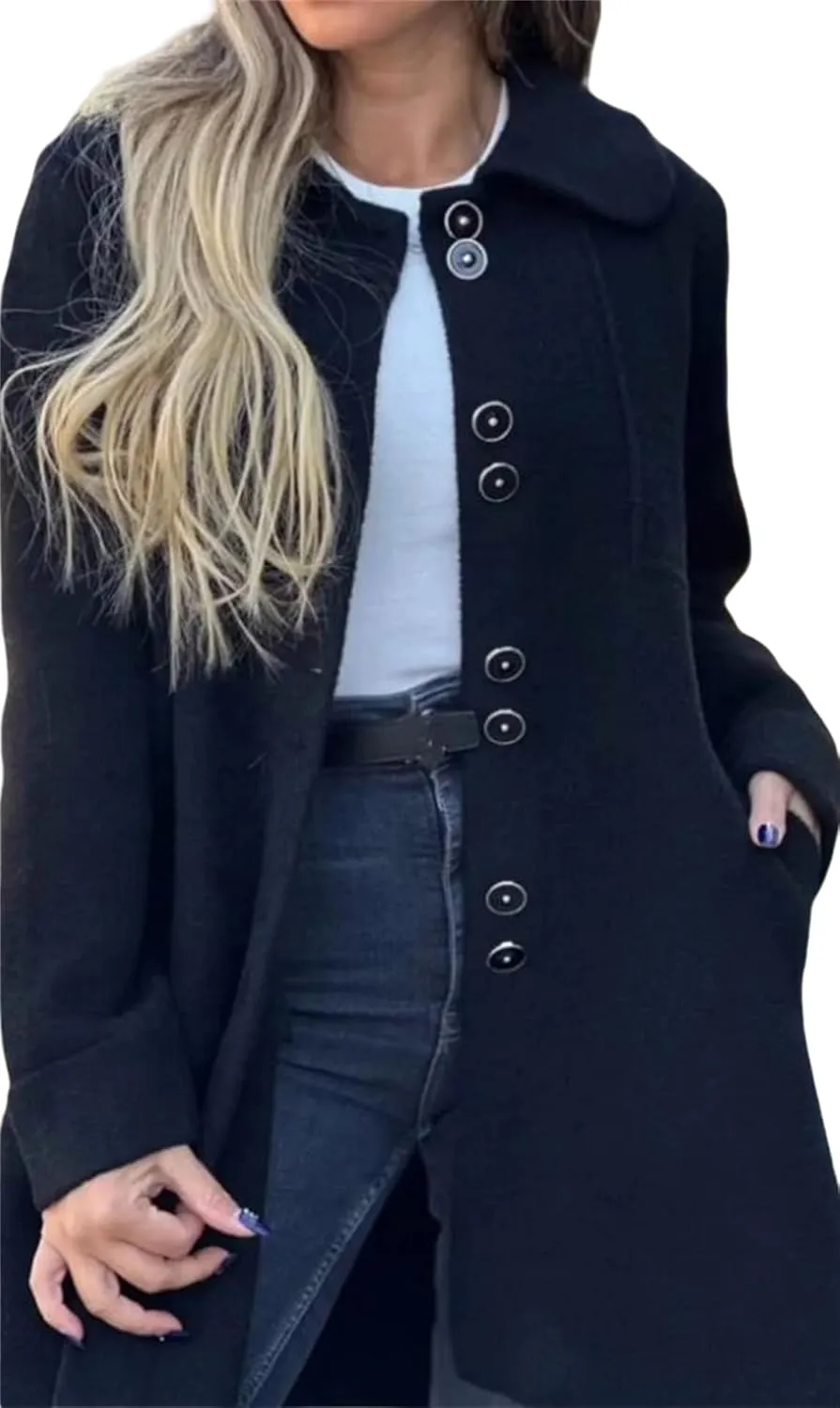 Womens Wool Blend Coat Casual Lapel Single Breasted Pea Coat Winter Thicken Trench Coats Jacket with Pockets