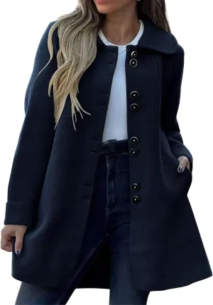 Womens Wool Blend Coat Casual Lapel Single Breasted Pea Coat Winter Thicken Trench Coats Jacket with Pockets