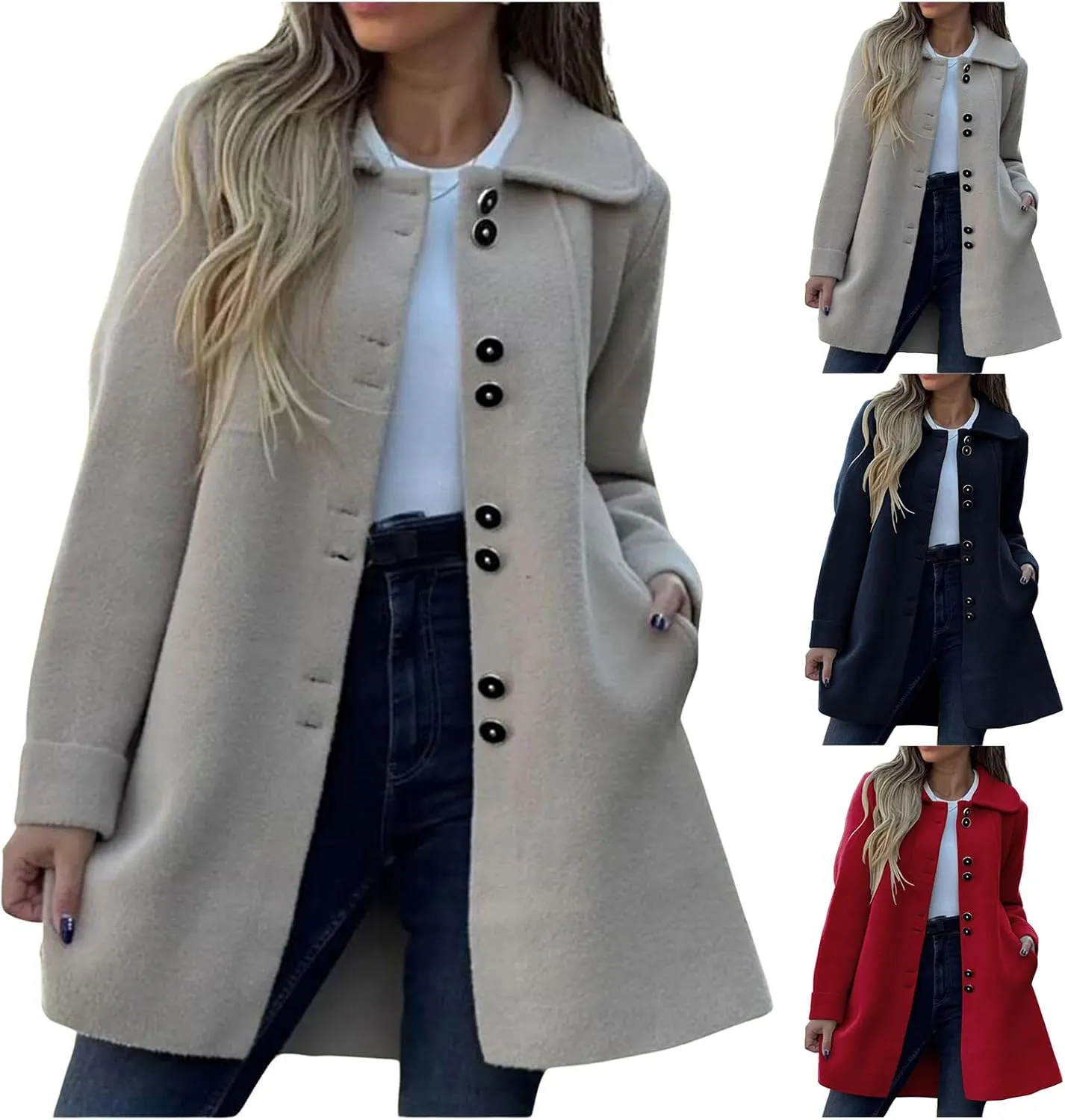 Womens Wool Blend Coat Casual Lapel Single Breasted Pea Coat Winter Thicken Trench Coats Jacket with Pockets