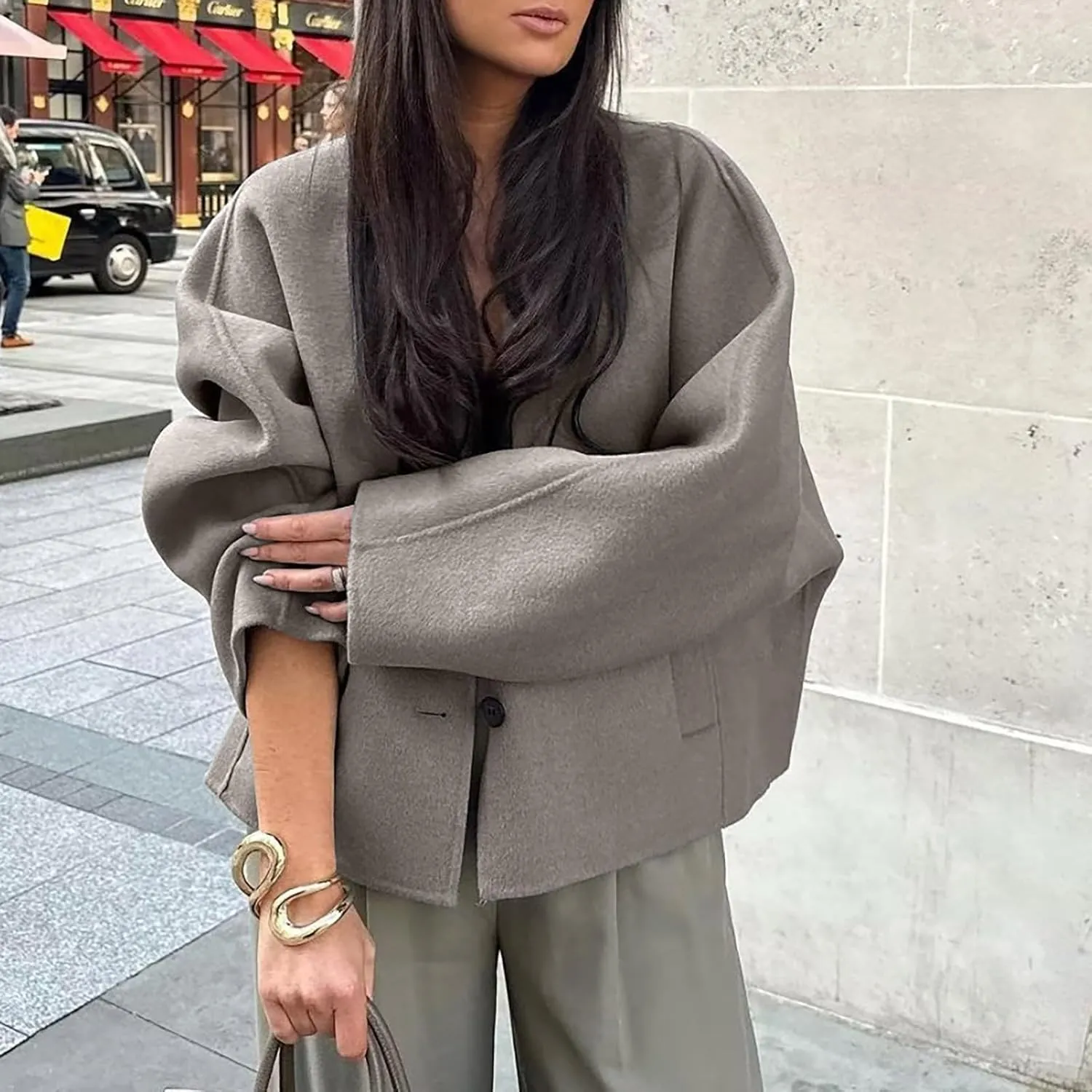 Womens Wool Blend Coat Single Breasted Trench Jackets Winter Casual Oversized V-Neck Overcoat Fashion Outerwear