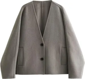 Womens Wool Blend Coat Single Breasted Trench Jackets Winter Casual Oversized V-Neck Overcoat Fashion Outerwear