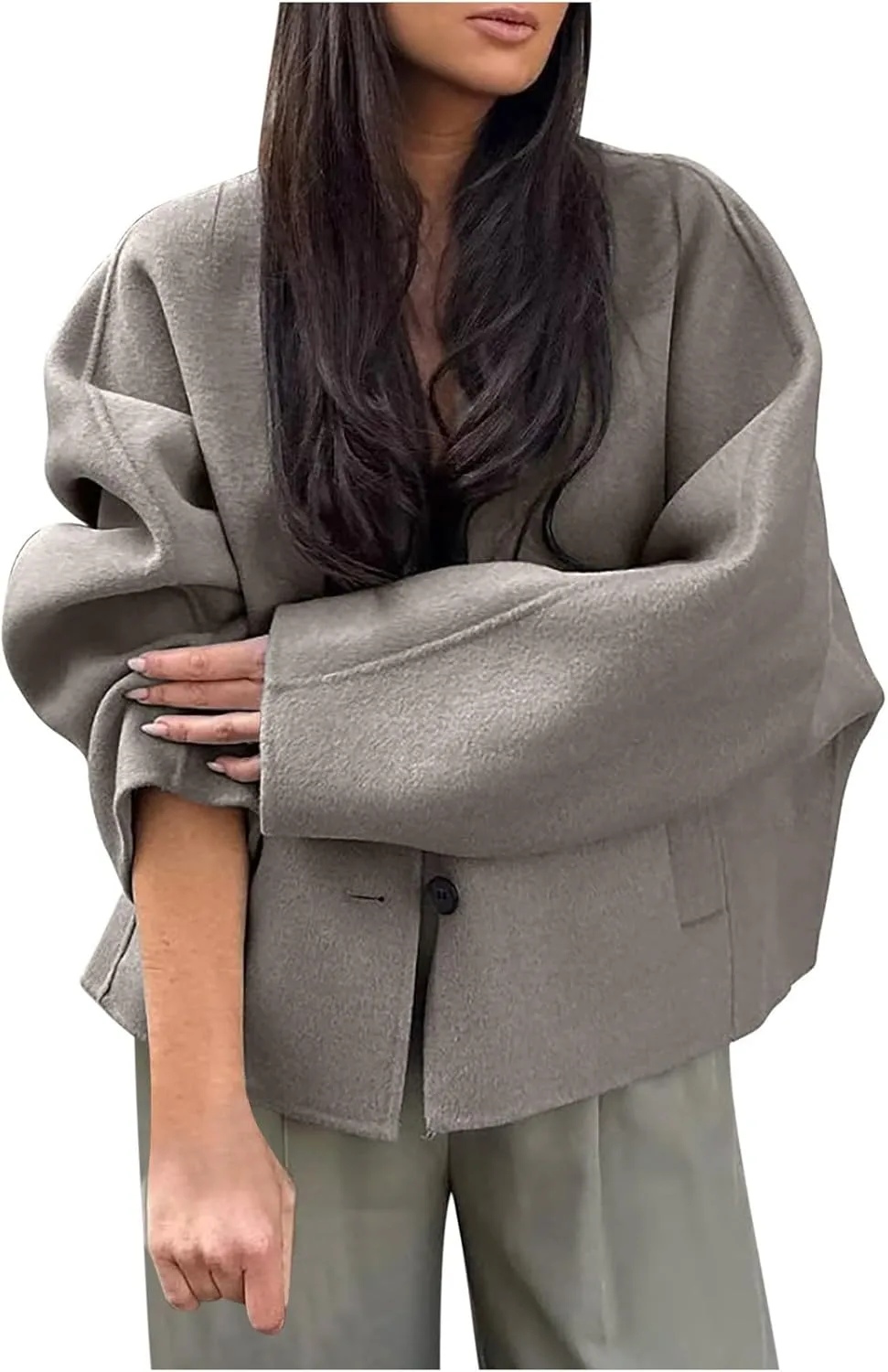 Womens Wool Blend Coat Single Breasted Trench Jackets Winter Casual Oversized V-Neck Overcoat Fashion Outerwear