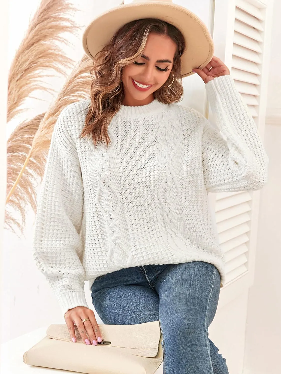 ZAFUL Womens Sweater Cable Knit Oversized Sweaters Crewneck Long Sleeves Casual Knit Pullover Tops