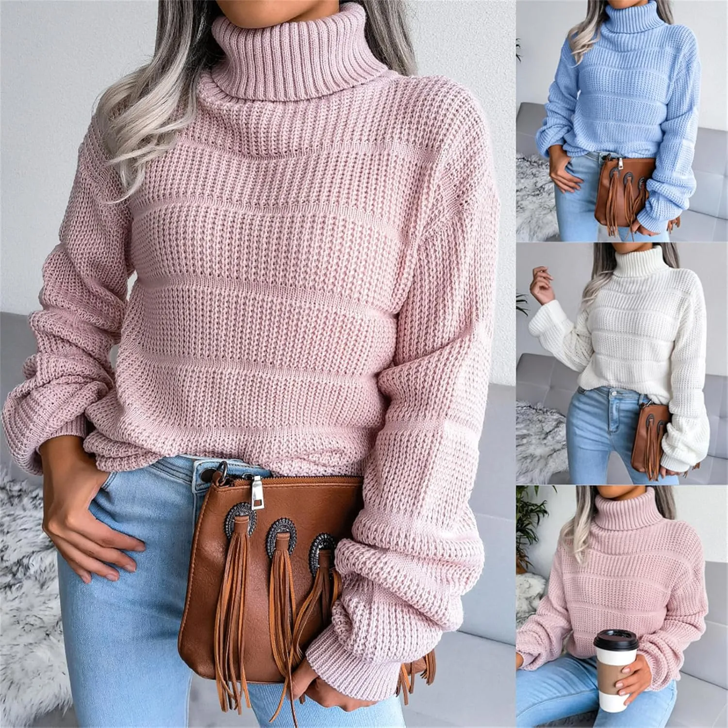 ZWRXW Womens Turtleneck Oversized Sweaters Long Sleeve Waffle Knit Pullover Casual Loose Fit Solid Chunky Jumper Tops