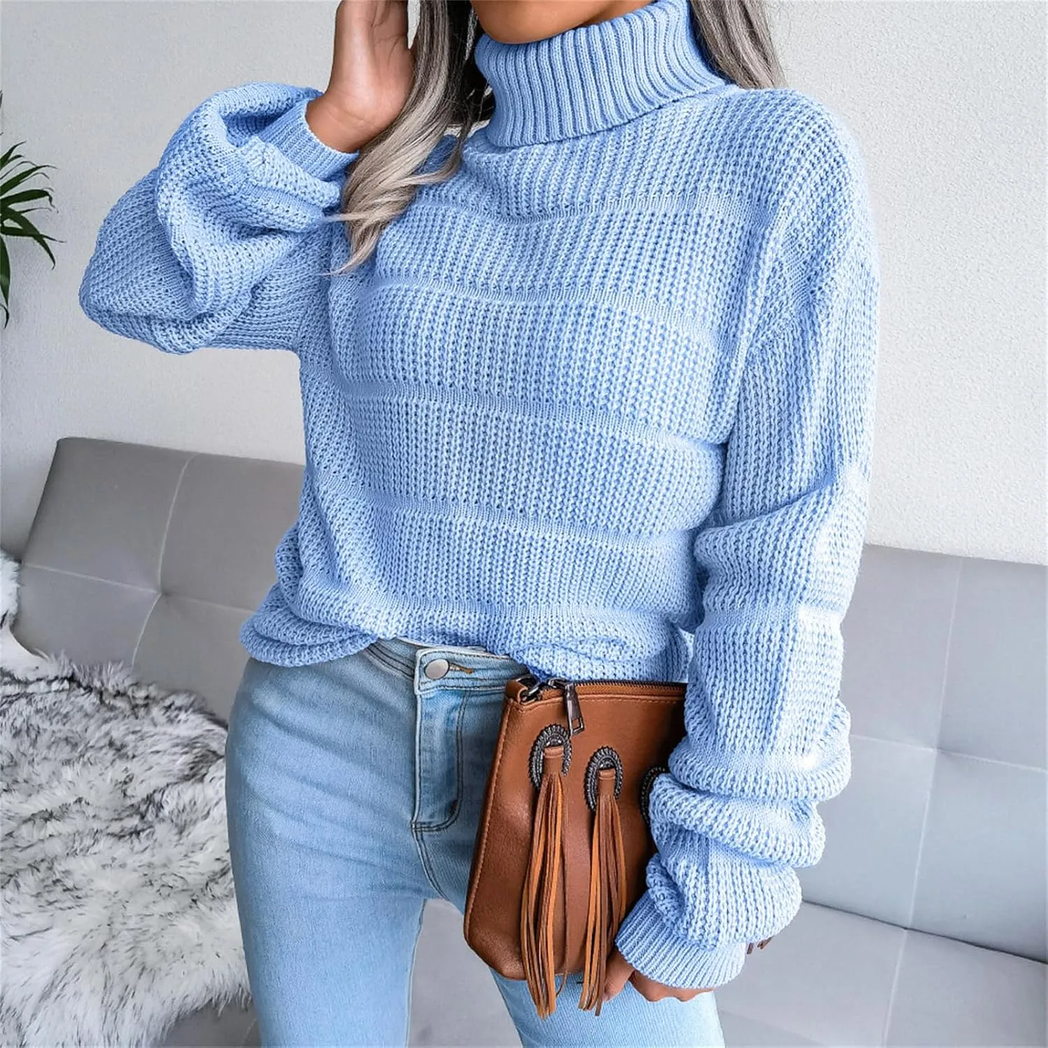 ZWRXW Womens Turtleneck Oversized Sweaters Long Sleeve Waffle Knit Pullover Casual Loose Fit Solid Chunky Jumper Tops