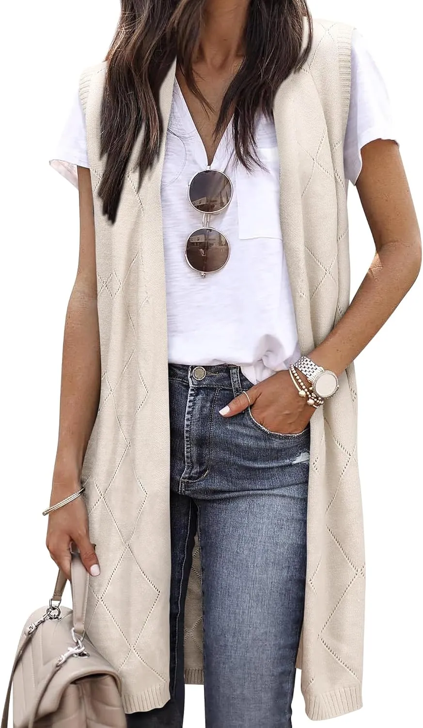 ZXZY Sleeveless Cardigans for Women Cozy Trendy Open Front Sweater Duster Long Vest