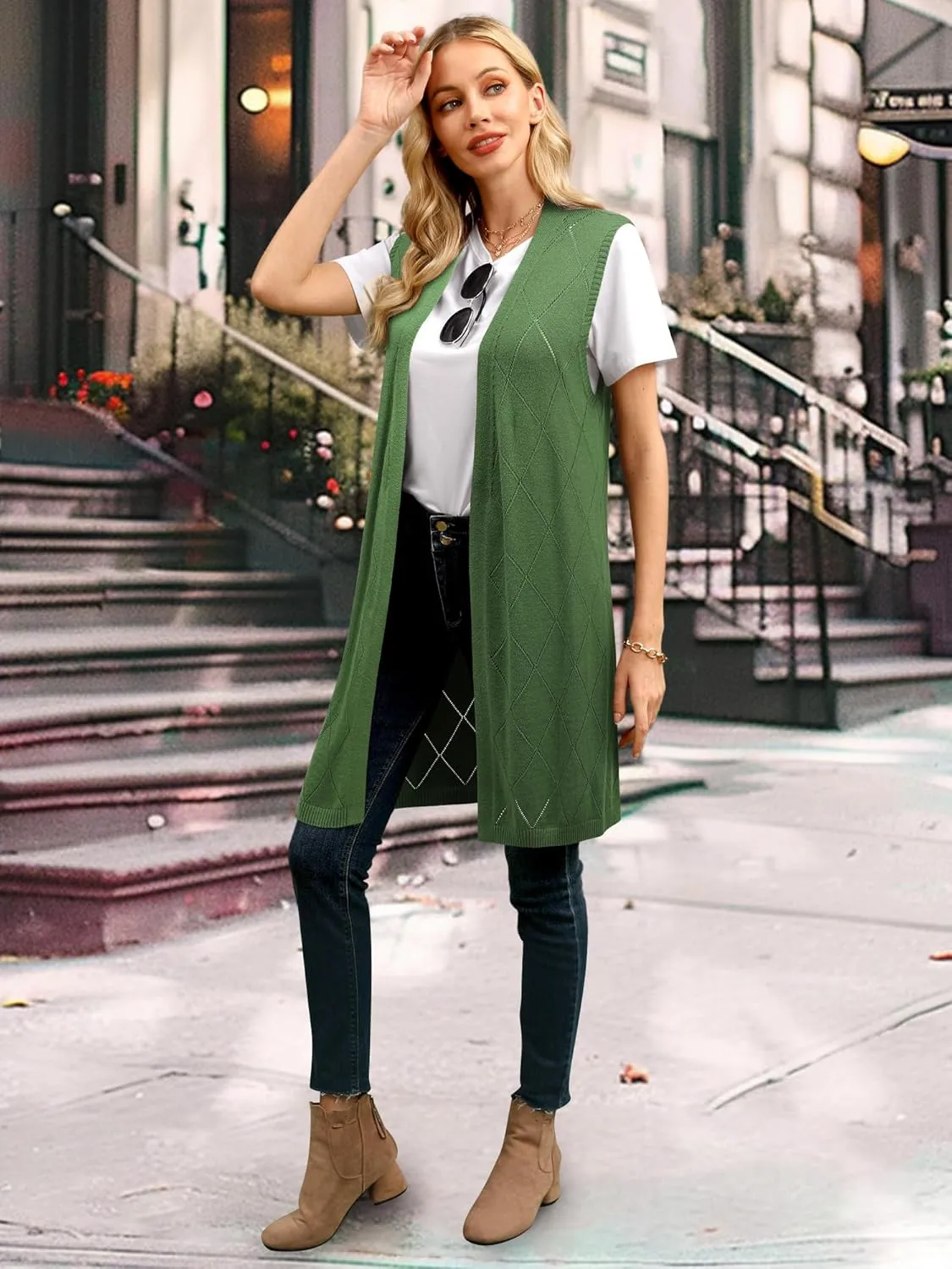 ZXZY Sleeveless Cardigans for Women Cozy Trendy Open Front Sweater Duster Long Vest