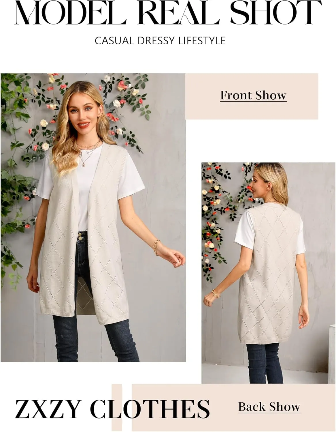 ZXZY Sleeveless Cardigans for Women Cozy Trendy Open Front Sweater Duster Long Vest