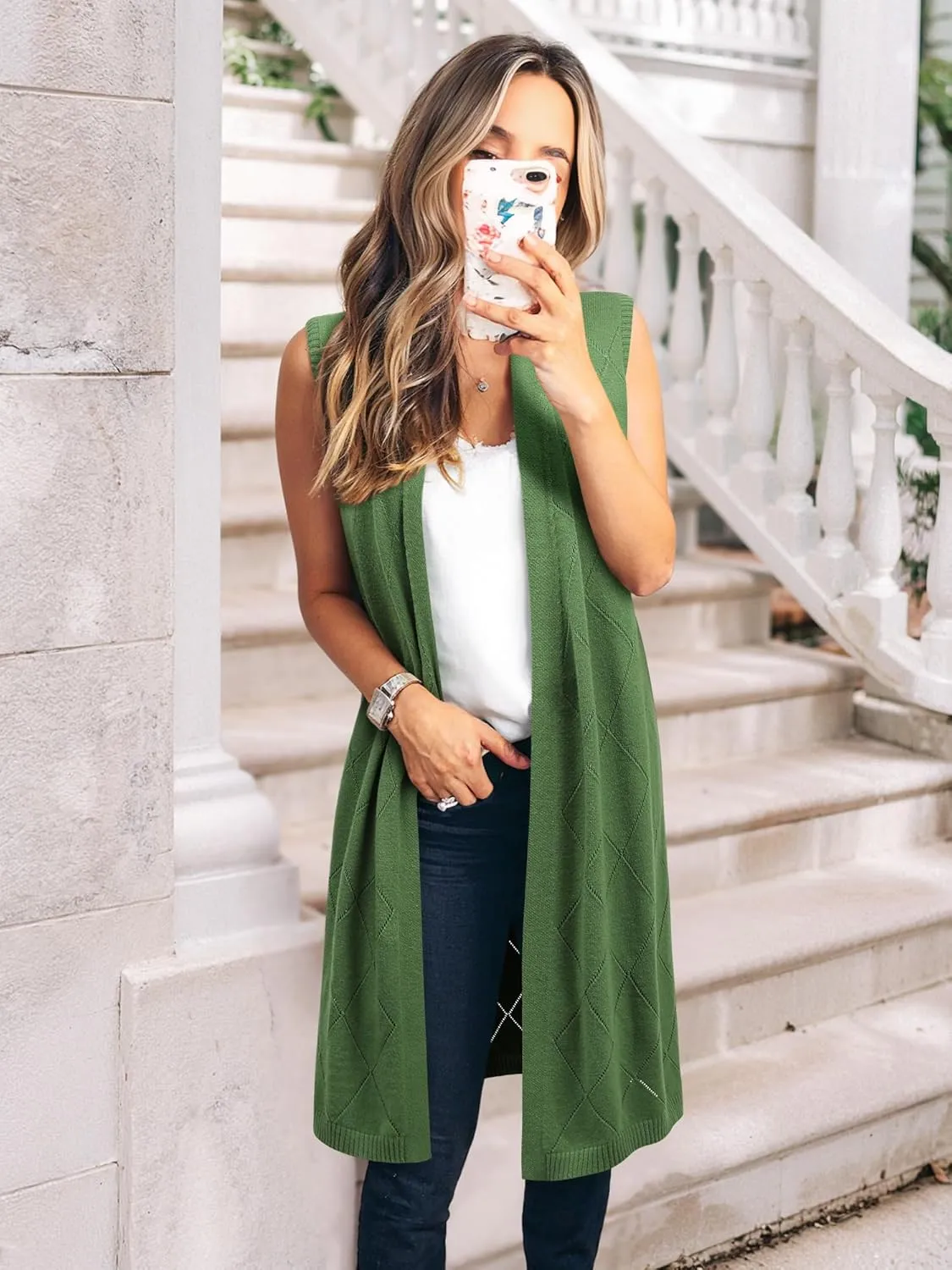 ZXZY Sleeveless Cardigans for Women Cozy Trendy Open Front Sweater Duster Long Vest
