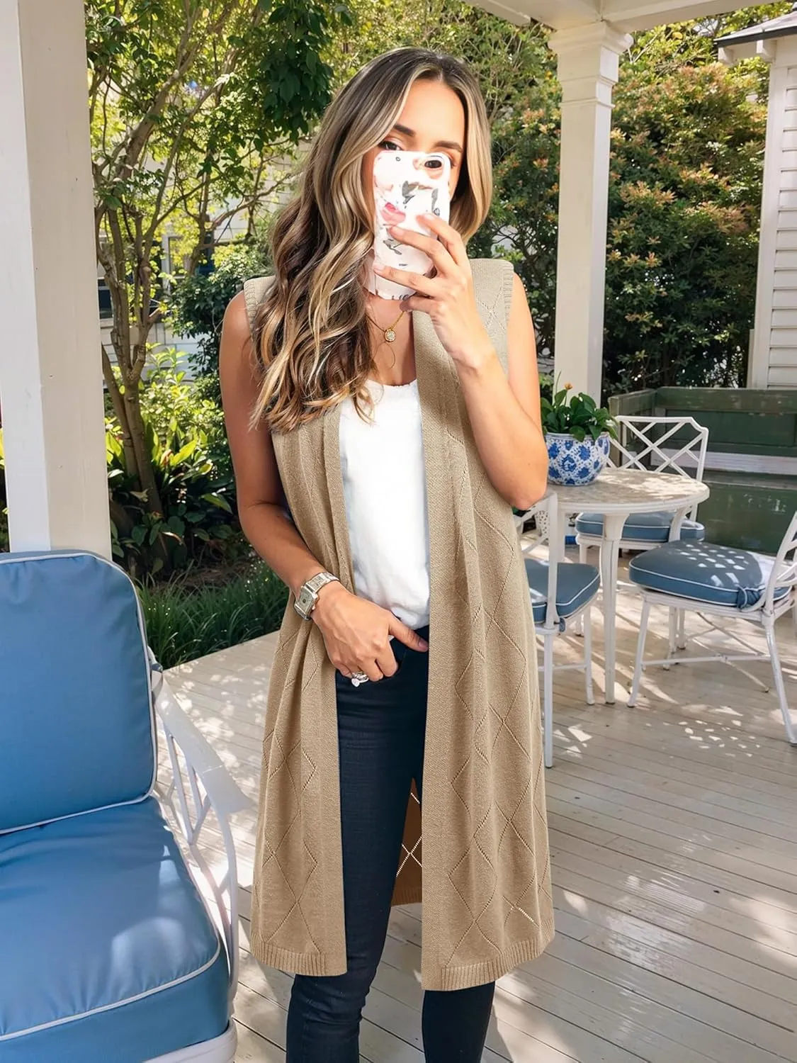 ZXZY Sleeveless Cardigans for Women Cozy Trendy Open Front Sweater Duster Long Vest